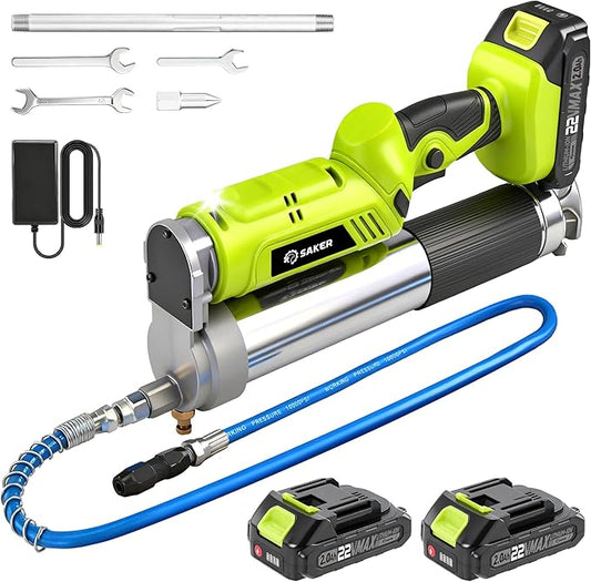 Saker Professional 12,000 PSI Cordless Grease Gun Kit - 2 * 2.0Ah Battery Powered Electric Grease Gun with 5.5 oz/min High Flow, LED Light & Flexible Hose for Automotive, Truck
