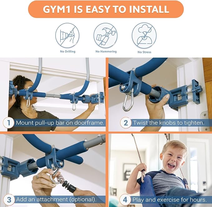Gym1 Pull Up Bar for Doorway | Door Frame | No Screws Installation for Upper Body Fitness Workout at Home Gym | Made from Professional-Grade Steel