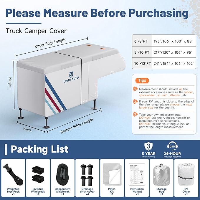Truck Camper Cover for 6–8FT Slide-in Campers – 300D Oxford Waterproof RV Cover, Silver-Coated, All-Weather Protection with Windproof Straps & Air Vents