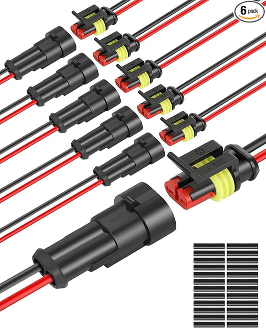 NAOEVO 2 Pin Connector Waterproof, 16 AWG 2 Wire Connectors, Automotive Electrical Connectors Male and Female Way with Heat Shrink Tubing for Car Truck Boat Wire Connection, 6 Kits