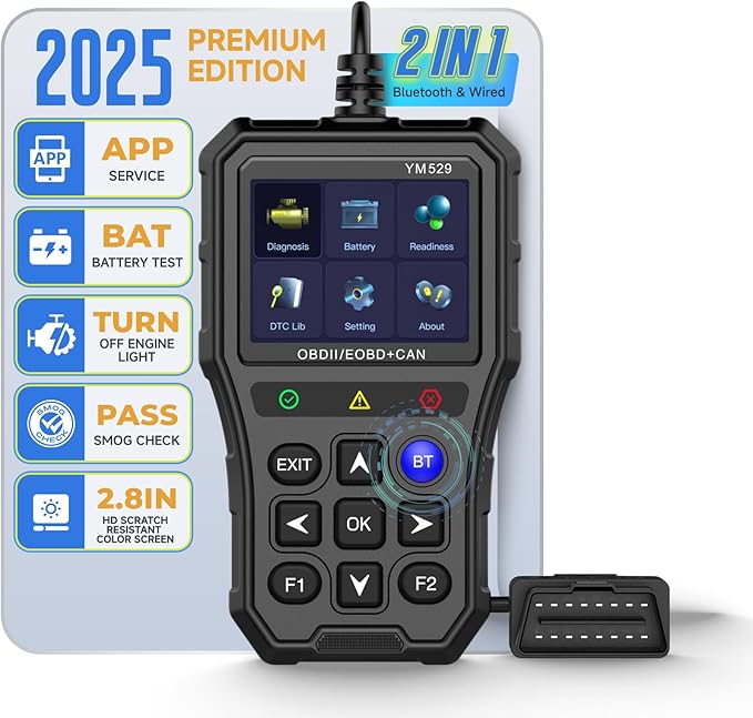 Bluetooth OBD2 Scanner with Battery Tester & Monitoring & Life Test - Support Checking Car Diagnostic Information on iPhone & Android, 2.8 inch HD Large Color Screen, TPU case Protection, Black