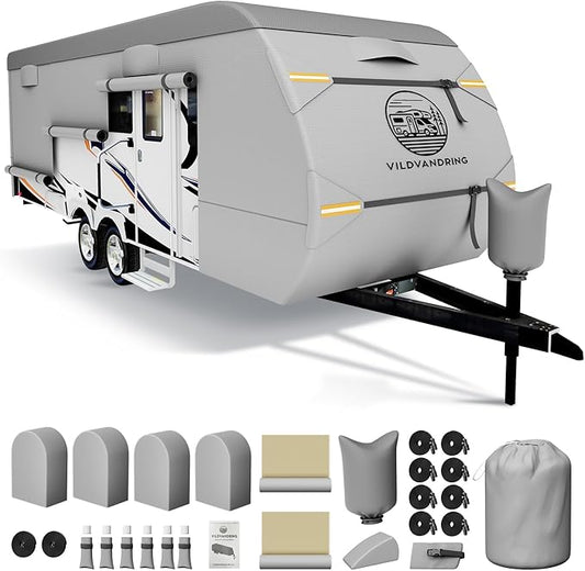 Heavy Duty Travel Trailer RV Cover 14-16ft, 8 Layers Breathable Waterproof Rip-Stop Camper Cover with Adhesive Repair Patches, Gutter, Tire & Additional Straps