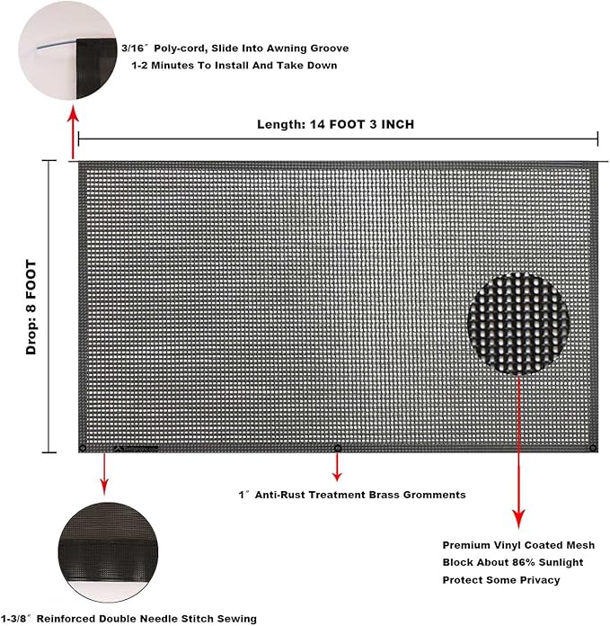 Tentproinc RV Awning Sun Shade Screen 8' X 14' 3'' (Fit for 15' Awning) Mesh Sunshade for Motorhome Camper Trailer Awning Shadescreen Sunscreen UV Sunblocker - 3 Year Warranty (Black)
