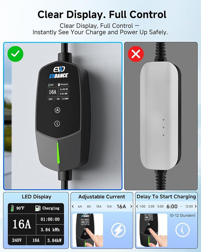 Level 1 & 2 EV Charger for Tesla 16A, Portable Electric Vehicle Charger with 25FT Cable, Adjustable Current & Timer Delay, NACS Connector Compatible with All Tesla Models S/3/X/Y/Cybertruck