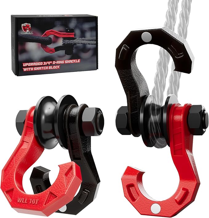 D Ring Separate Shackle with Snatch Block 2 Set, 3/4" Shackles w/Snatch Block Pulley, Heavy Duty Shackle for Towing Winch, Pulley for Off-Road Vehicle Recovery, Truck, ATV, UTV, BlackRed