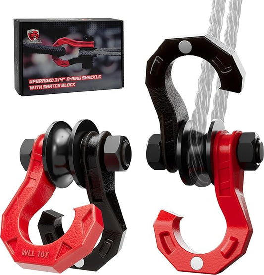 D Ring Separate Shackle with Snatch Block 2 Set, 3/4" Shackles w/Snatch Block Pulley, Heavy Duty Shackle for Towing Winch, Pulley for Off-Road Vehicle Recovery, Truck, ATV, UTV, BlackRed