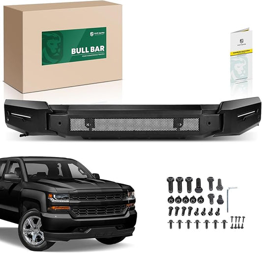 YHTAUTO Bull Bar Push Bar with Skid Plate Light Mount Fit Chevrolet Models, Silverado 1500 2019-2021, Silverado 1500 LTD 2022, Heavy Duty Steel Brush Guard for Truck Front Bumper Textured Black