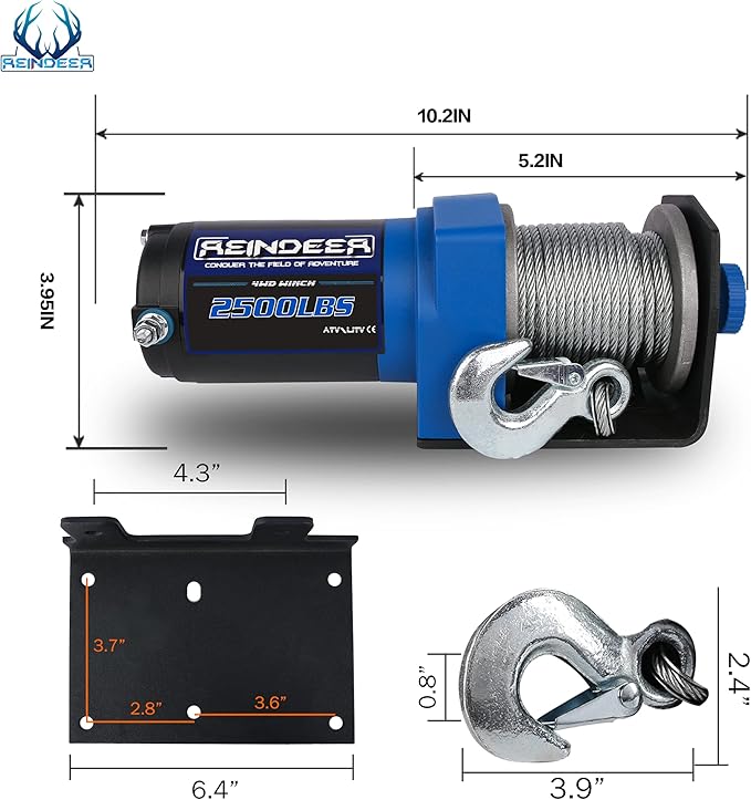 REINDEER New 12V Winch 2500lb Load Capacity Electric Winch Kit for ATV UTV Steel Cable Wire Rope with Hawse Fairlead Waterproof IP67 with Handheld Remotes