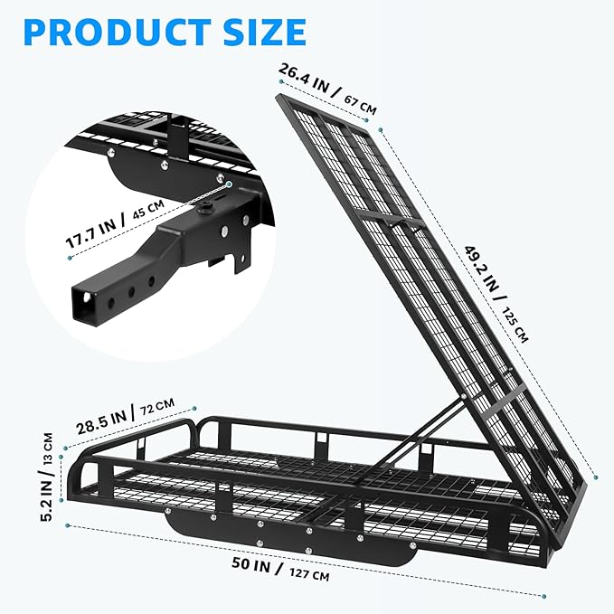 50"x28.5"x5.2" Folding Hitch Mount Cargo Carrier - 1000lbs Capacity Cargo Carrier Hitch Mount Heavy Duty Alloy Steel Material, Fits 2" Hitch Receiver for Mobility Scooter, SUV, Truck, Pickup