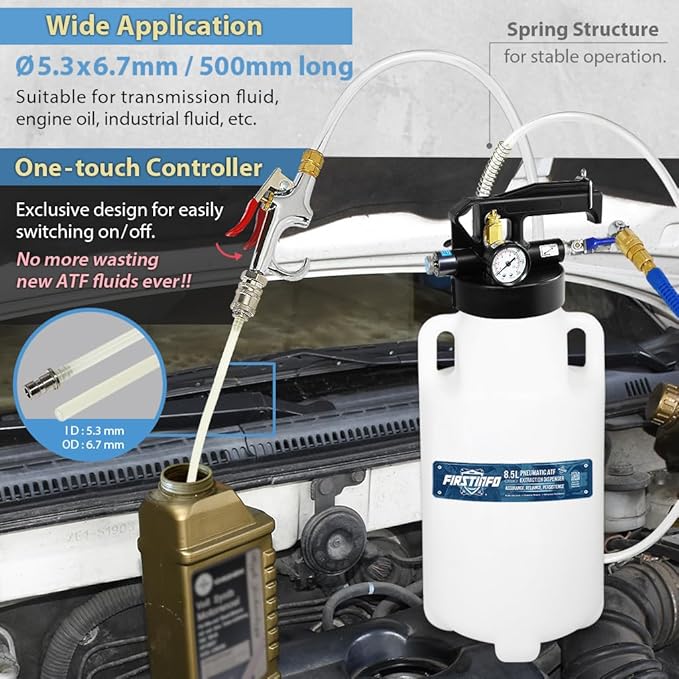 FIRSTINFO A1133NUSY2 Patented 8.5 Liter 16 Pcs Taiwan-ATF Filler Adapters | Pneumatic Transmission Fluid Dispenser Pump | Hanging Hook | 360° Z-Swivel Air Inlet | Spring Structure Hose