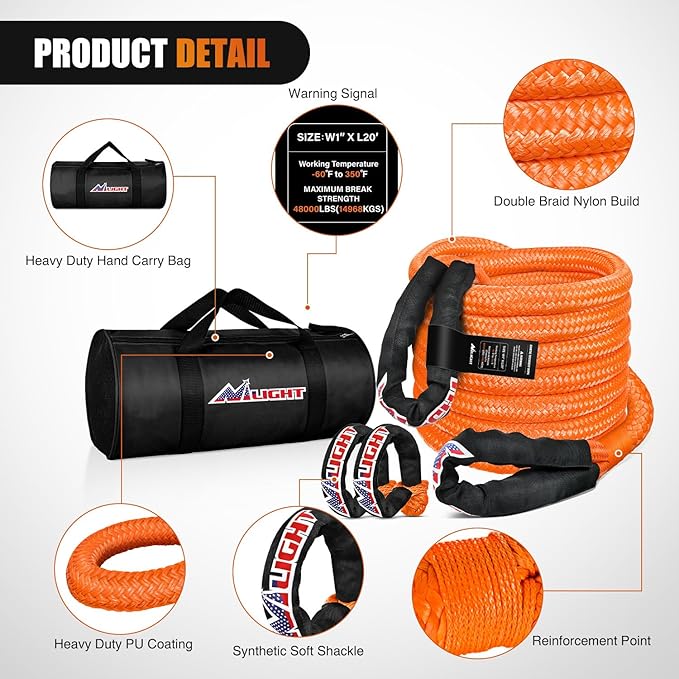 Nilight Kinetic Recovery Tow Rope Kit with 2 Soft Shackle 1" x 20ft Heavy Duty Offroad Tow Rope Snatch Strap Towing Strap kit 48,000LBS for UTV ATV SUV Truck Car Jeep Tractor