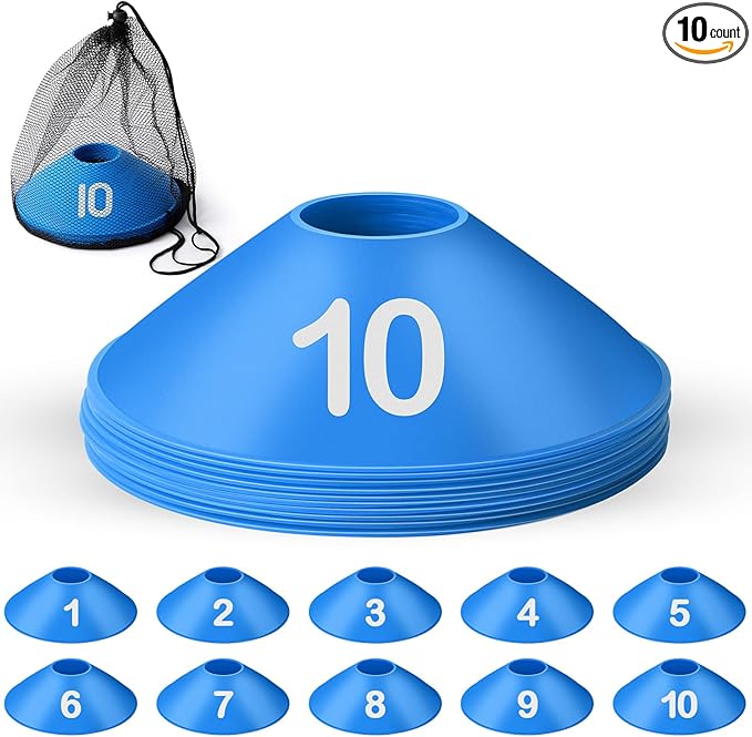 10 Pcs Numbered Sports Disc Cones 1-10 Soccer Cones with Mesh Carry Bag Flexible Agility Cones Soft Field Cones for Gym PE Classes School Activities Games, Sports Training Equipment