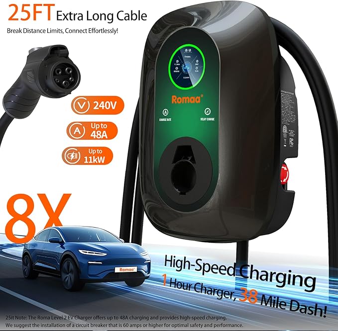 Level 2 EV Charger Hardwired 48 Amp J1772 Charger - 240V Home EV Charging Station - ETL Listed, FCC Part 15 - NEMA Type 4 IP66 - App WiFi Smart Display, 25 ft, 4.3 inch LCD, Gray