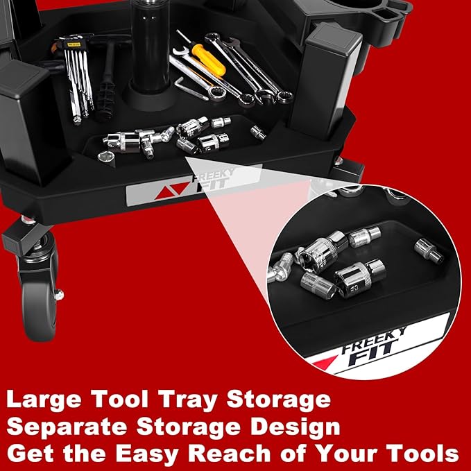 Rolling Stool with Wheels, Adjustable Shop Stool Mechanic Seat, Garage Shop Roller Work Chair, Mobile Rolling Seat with Tool Tray, 2 Cup Holders, 4" Casters, 350 LBS, Heavy-Duty, Black