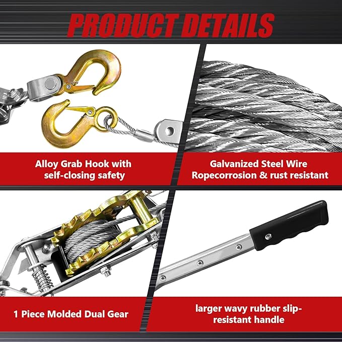 Come Along Winch 1 T Pulling Capacity 7 FT Steel Cable 2 Hooks Heavy Duty Ratchet Power Puller Tool with Dual Gears Automotive Hoist Cable Puller Ideal for Vehicle Rescue.