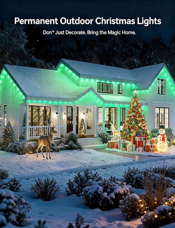 150FT Permanent Outdoor Christmas Lights for House, APP & Remote Control RGB LED Strip, IP67 Waterproof Eave Lights with DIY Colors for Halloween, Garden, Patio Decor