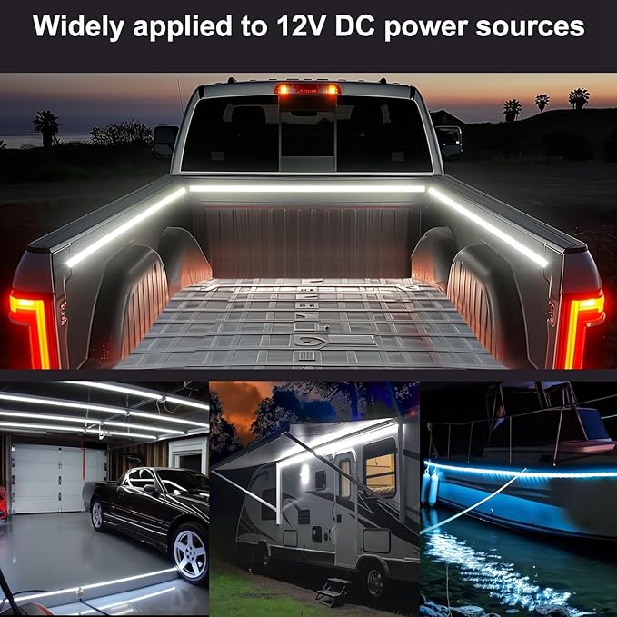 LED Truck Bed Lights, 3Pcs 60Inch 12V 6500K White COB Waterproof Lights Strip with Switch Blade Fuse Splitter, Cool Accessories for Pickup Truck Camper Van SUV RV Boat