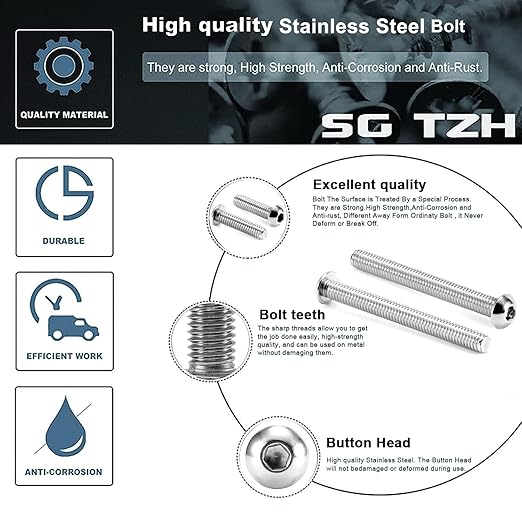 1/4-20 x 1/2" Button Head Socket Cap Bolts Screws, 10Pcs 304 Stainless Steel 18-8, Allen Hex Drive, Bright Finish by SG TZH(with Hex Spanner)
