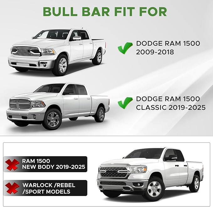 Bull Bar Fit for Dodge Ram 1500 2009-2018 & Ram 1500 Classic 2019-2025((Exl Rebel Warlock Sport) with LED Light,w/License Plate Bracket DIY Paintable Front Bumper Brush Push Bar Grille Guard