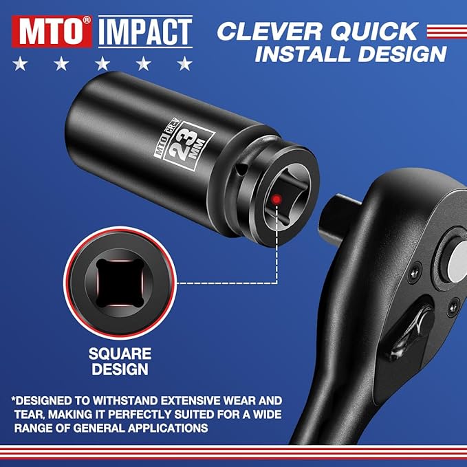 MTO 1/2" Drive 23mm Deep Impact Socket, 6-Point Metric Socket for Automotive Maintaince, CR-V Steel Meets ANSI Standards