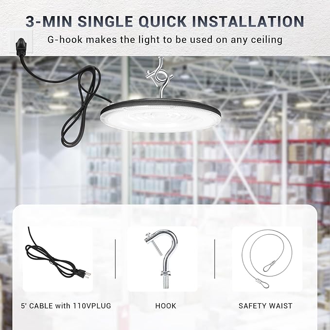 100W UFO Led High Bay Light,IP66 Waterproof,120VAC,15050LM 5000K Daylight Area Lighting,with Plug Commercial Bay Lighting for Warehouse/Shop/Workshop/Barn/Gym/Factory