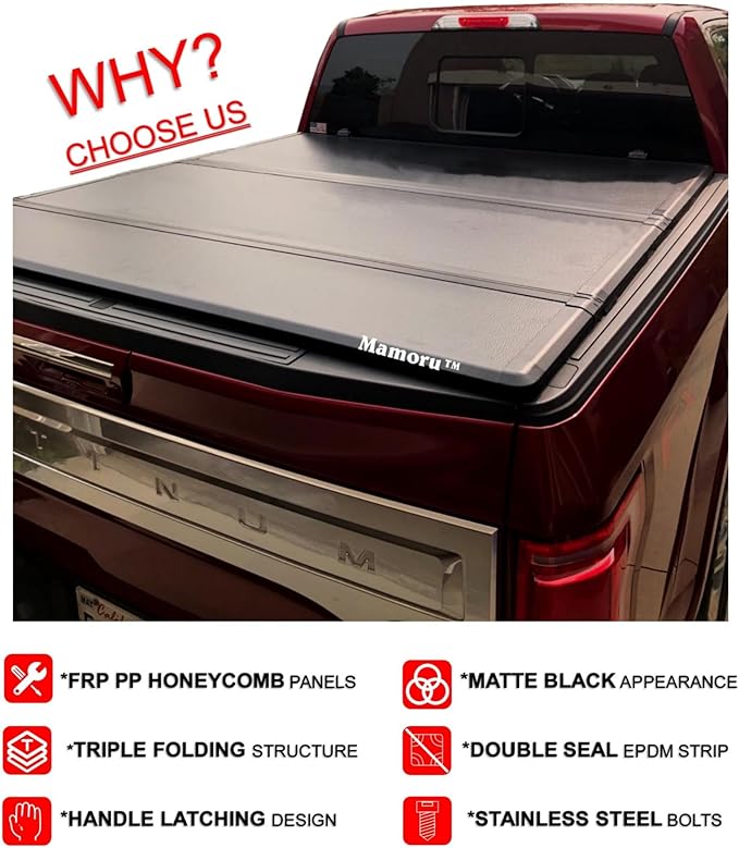 Mamoru 8' Hard Tri Fold Truck Bed Cover Fit for 2004 2005 2006 2007 2008 2009 2010 2011 2012 2013 2014 Ford F-150 FRP Tonneau Cover| Styleside Only