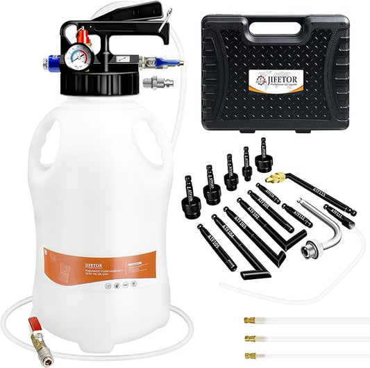 JIFETOR Transmission Fluid Pump Pneumatic Extractor and Dispenser Tool Kit, 10L ATF Fill and Evacuator Oil Can Set with 15PCS ATF Adapters 3PCS 1M Hose for Gear Oil Garage and Shop Fluid Transfer