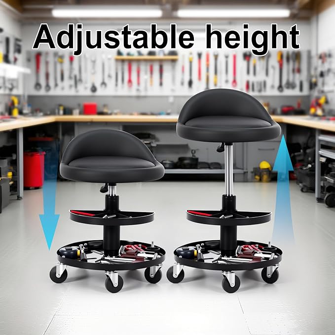 Frassie Rolling Mechanics Garage Seat Stool with Storage Tool Tray Adjustable Height for Auto Repair 300 LBS Capacity