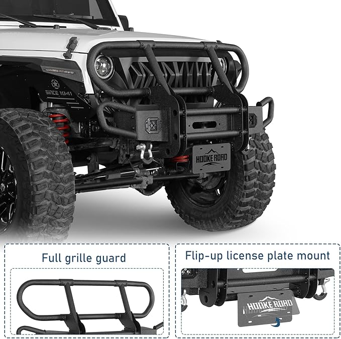 Hooke Road Wrangler Stubby Front Bumper Brush Guard Bull Bar for 2007-2018 Jeep Wrangler JK & Unlimited 2/4 Doors, Rock Crawler Tubular Offroad Bumper with Winch Plate, Lights & D-rings
