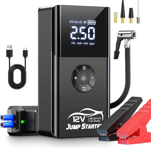 Jump Starter with Air Compressor, 8000A 180PSI, Portable Car Battery Jump Starter (All Gas/12L Diesel) 12V Automobile Jump Box Pack Chargers with Jumper Cables, 4-Mode LED Lights (Black)