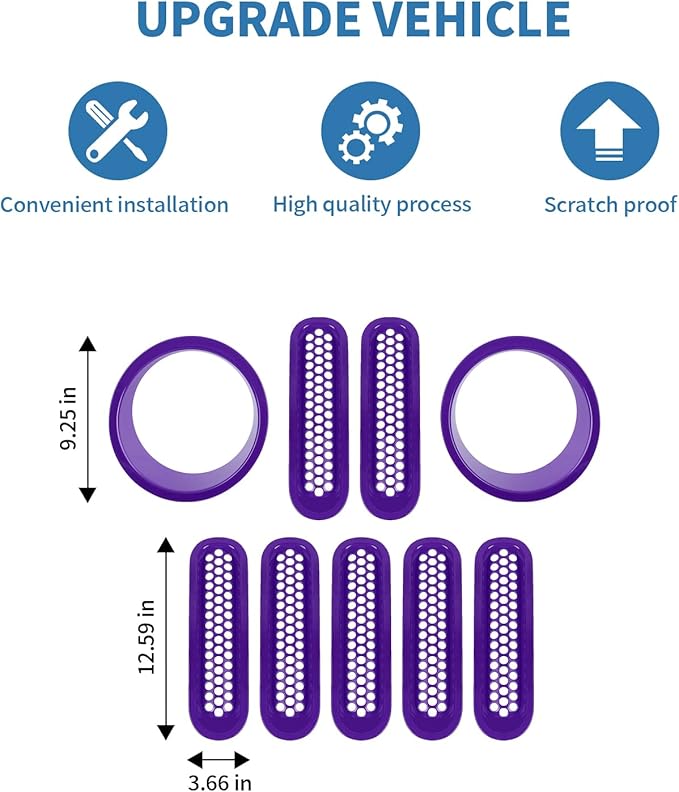 for Jeep JK Front Grille Inserts & Headlight Cover Trim Ring for Jeep Wrangler JK JKU 2007-2017 Purple Exterior Accessories 9pcs