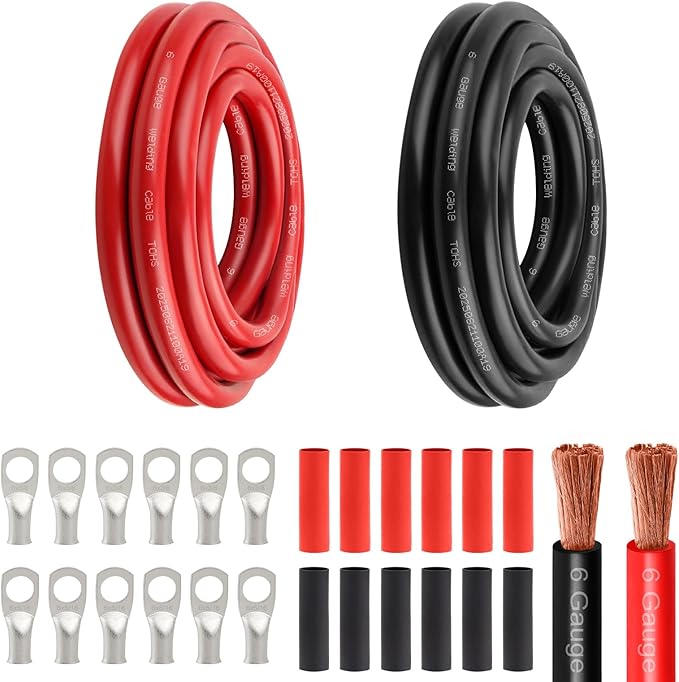 6 Awg Battery Power Cable -5FT Red + 5FT Black 6 Gauge Flexible Welding Cable OFC Copper Wire with Lugs Terminal Connectors and Heat Shrink Tube for Automotive, Battery, Inverter,Boat and Generator