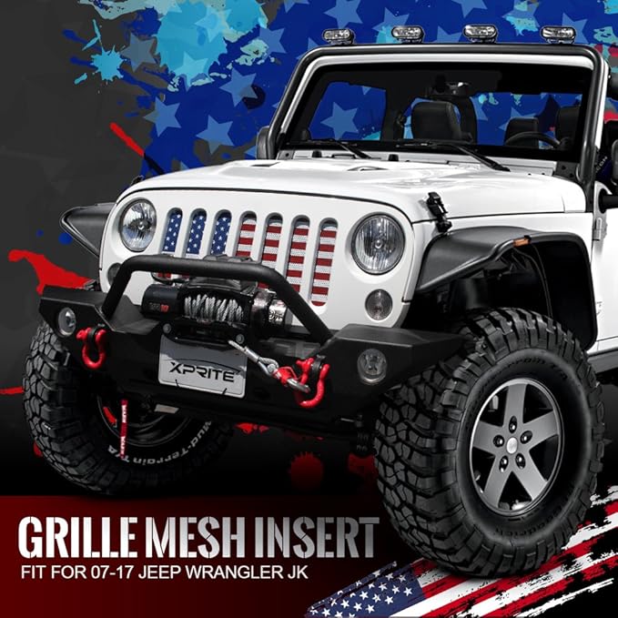 Xprite Grill Mesh Insert American Flag Matte Aluminum Alloy Mesh Grille Grid Compatible with 2007-2018 Jeep Wrangler JK JKU