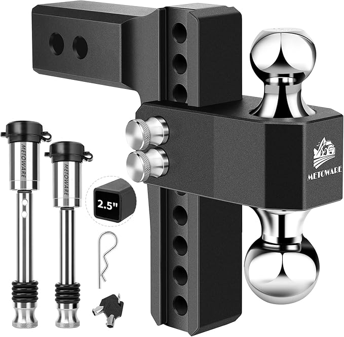 METOWARE Adjustable Trailer Hitch - Aluminum Tow Hitch Fits 2.5-Inch Receiver - Heavy Duty Drop Hitch with 8-Inch Drop/Rise for Truck (18,000 LBS GTW), Double Stainless Steel Locks & Hitch Pin (Black)
