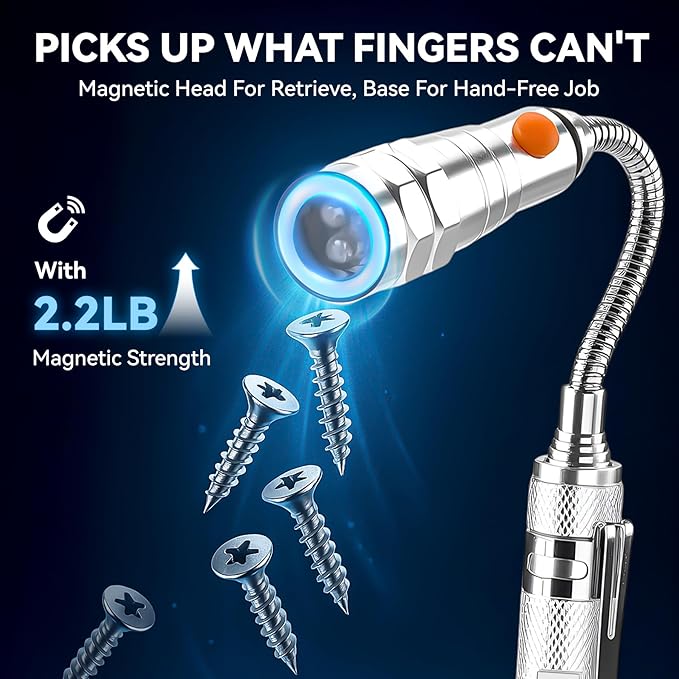 VIBELITE Extendable Magnetic Flashlight with Telescoping Magnet Pickup Tool-Cool Gadget Christmas Gifts Stocking Stuffers for Men, Teen Boys, Husband, Dad, Father, Mechanic, Him, Women, Silver