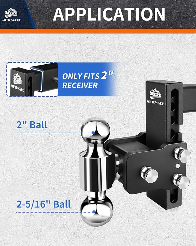 METOWARE Adjustable Trailer Hitches Fits 2-Inch Receiver - Adjustable Ball Mount with 6-Inch Drop/Rise (12,500 LBS GTW) - Dual Ball (2'' x 2-5/16'') and Anti-Theft Stainless Steel Trailer Lock