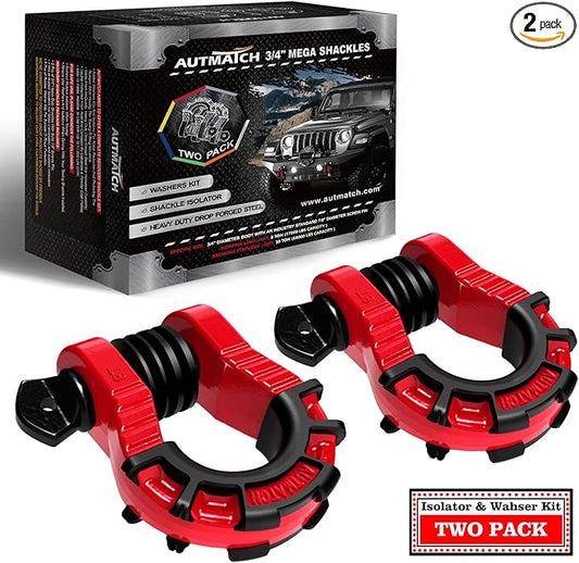 AUTMATCH D Ring Shackles 3/4" Mega Shackle (2 Pack) 68,000Ibs Break Strength - Heavy Duty Clevis Shackle 7/8" Screw Pin & Isolator Washer for Tow Strap Winch Off Road Vehicle Recovery, Red & Black