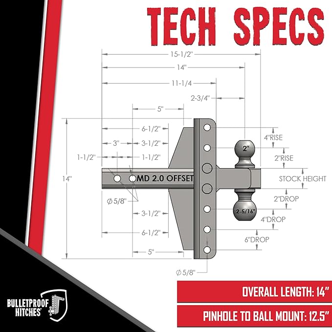 BulletProof Hitches - 2.0" Adjustable Medium Duty Trailer Hitch (14,000 lb. Rating) - Offset 4" and 6" Drop/Rise Trailer Hitch with 2" & 2-5/16" Dual Ball - Powder Coat, Box Steel, Corrosion-Resistant