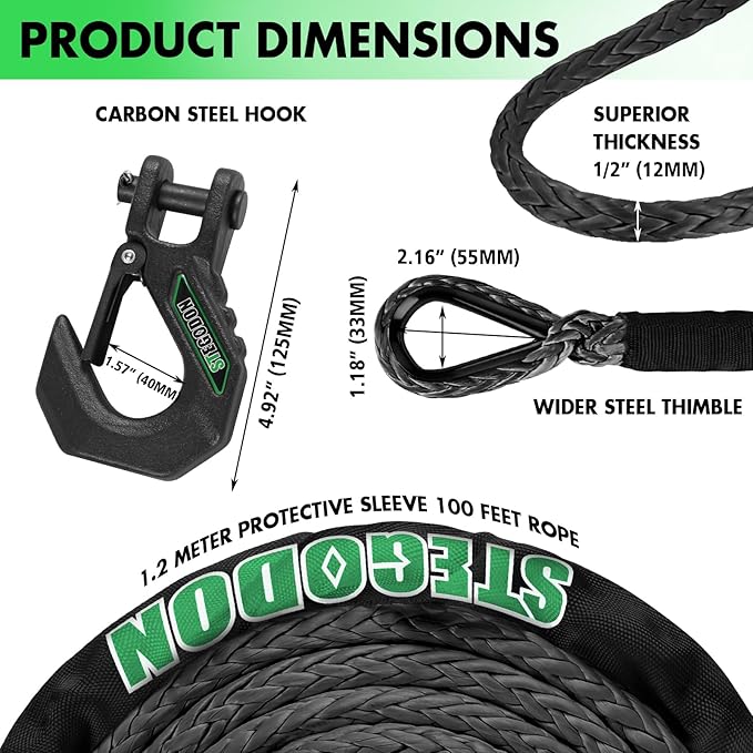Winch Rope 1/2 in x 85 ft Synthetic Winch Rope Kit,32000 LBS Winch Line Cable with Soft Shackle,Winch Hook and Safety Pull Strap for 4WD Off Road Vehicle Truck (Black)