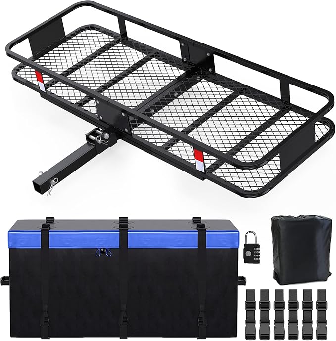 FORWODE 550 LBS Hitch Mount Cargo Carrier Basket, 60"x24"x6" Folding Hitch Cargo Carrier Rack + Waterproof Cargo Bag 20 Cubic Feet(58"x24"x24")