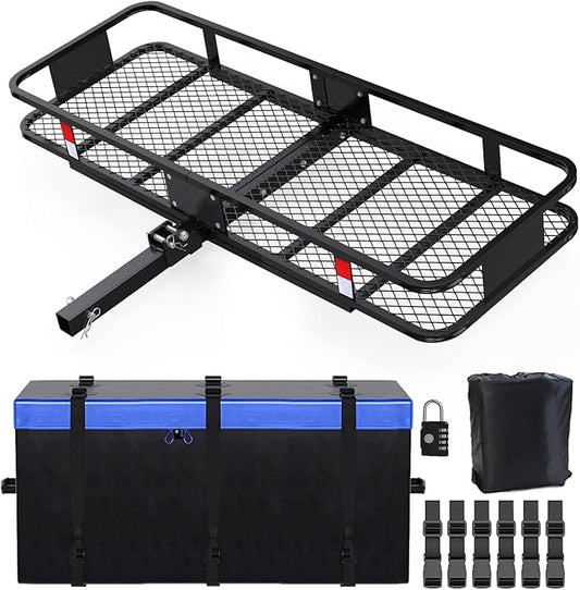 FORWODE 550 LBS Hitch Mount Cargo Carrier Basket, 60"x24"x6" Folding Hitch Cargo Carrier Rack + Waterproof Cargo Bag 20 Cubic Feet(58"x24"x24")