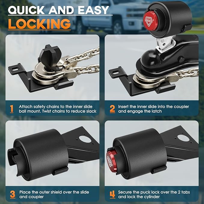 2" Heavy Duty Trailer Lock - Ball Coupler and Safety Chains Anti-Theft, Solid Steel Trailer Tongue Lock for RV, Boat, Camper, Cargo Trailers