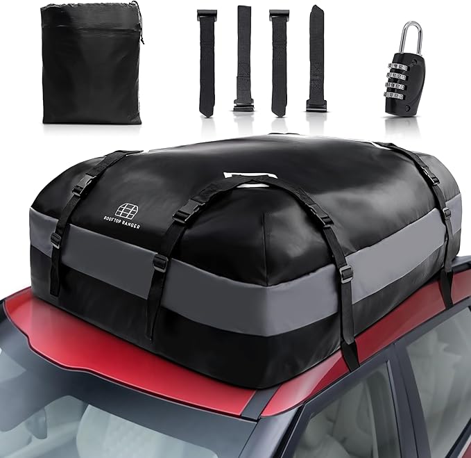15 Cubic Ft Car Rooftop Soft Shell Cargo Carrier, 100% Waterproof - Car Storage for All Vehicle with/Without Racks - Attached Anti Slip Mat, Storage Bag, 4 Door Hooks & Straps, Lock