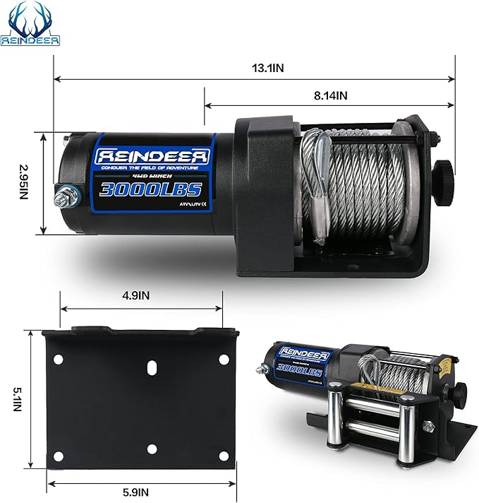 REINDEER New 12V Winch 3000 lb Load Capacity Electric Winch Kit for ATV UTV Steel Cable Wire Rope with Hawse Fairlead Waterproof IP67 with Wireless Remotes