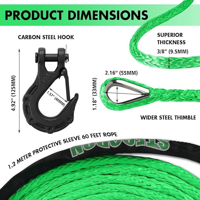 Synthetic Winch Rope, 3/8'' x 60ft 19,854LBS Synthetic Winch Line 3/8 Winch Cable Replacement Synthetic Rope with Forged Winch Hook for 4WD Off Road Vehicle SUV Truck(Green-Slim)