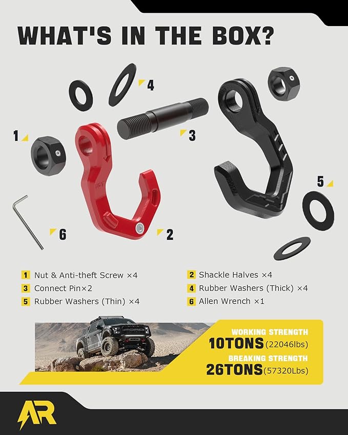 D Ring Shackles, 3/4" Separate Shackles with 7/8" Pin, Heavy Duty Recovery Shackle 57320lbs Break Strength, 4x4 Off-Road Recovery Towing Winch Shackles for Trucks, Red Black 2-Pack