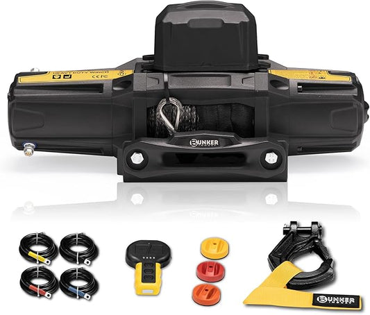 BUNKER INDUST 6500lb Electric Winch 12V Waterproof with Synthetic Rope Hawse Fairlead Kit for Offroad UTV ATV,Recovery Winch with Both Wireless Handheld Remote and Corded Control
