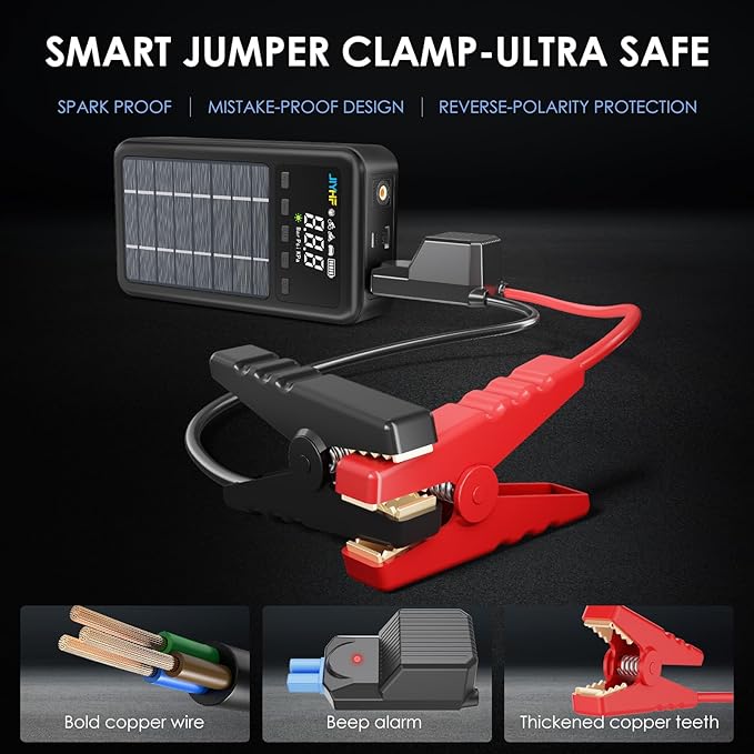 JIYHF 3000A Jump Starter with Air Compressor 150PSI Tire Inflator-12V Lithium Battery 8.0L Gasoline and 6.0L Diesel Engines, Portable Jump Box with Solar Panel and PD 45W Fast Charge