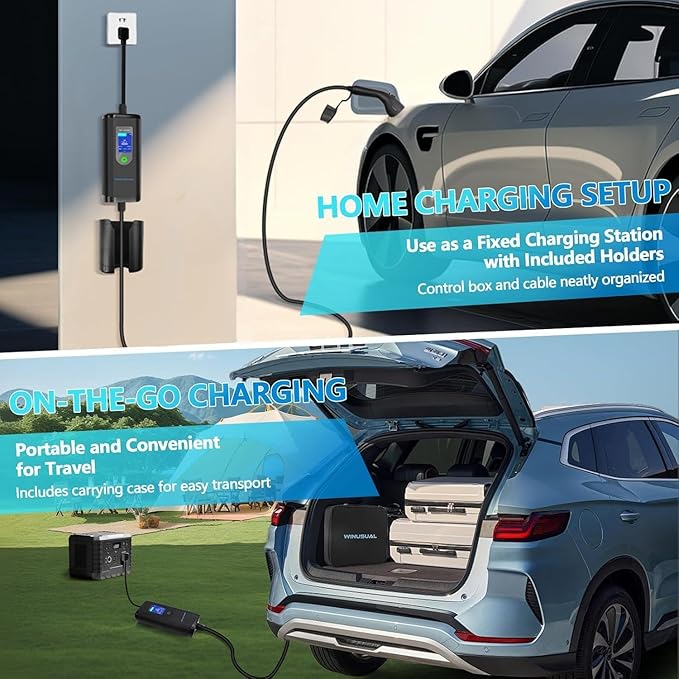 Portable Level 1 and 2 EV Charger,16A 110-240V with Fix Time Charge, 20FT Cable, NEMA 6-20 Plug and NEMA 5-15 Adapter, SAE J1772 EV Electric car Charger, Current Adjustable(NOT for Tesla)