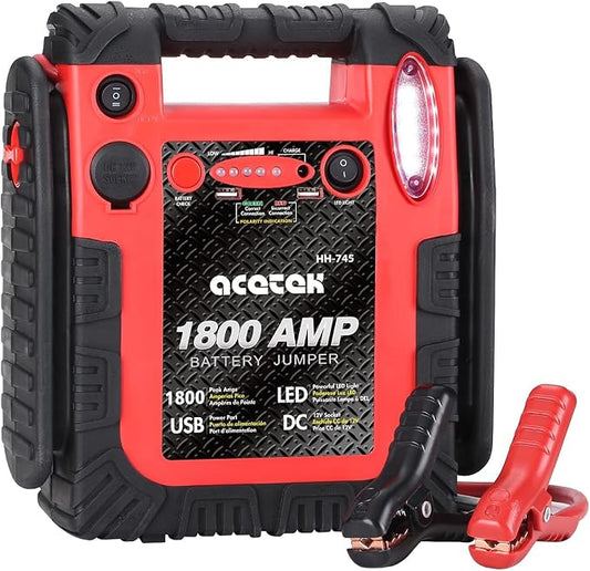 1800 Amp Car Jump Starter, 20000 mAh Emergency Supply Power Pack (Up to 6 L Gas or 6 L Diesel Engine), 12V Auto Lead-Acid Battery Booster with LED Light & USB Ports